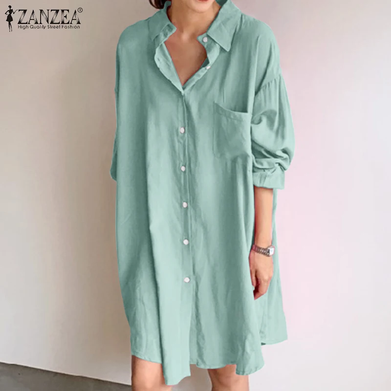 Kobiety koszulka Solid sukienka ZANZEA stylowy wiosna sukienki na co dzień z długim rękawem Mini Vestidos kobieta klapy na guziki szata