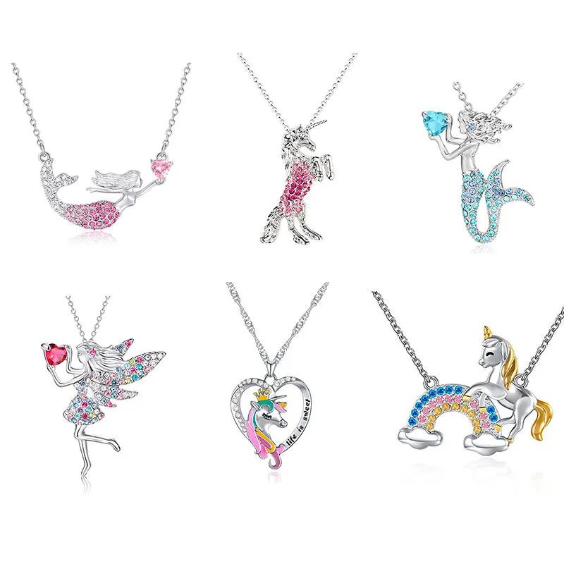 Fashionable Pendant Necklace Children Crystal Accessories Cute Mermaid Unicorn Angel Jewelry Gifts