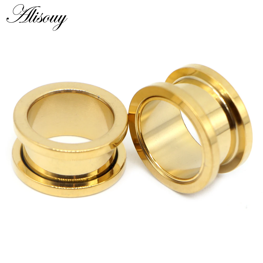 Alisouy 2pcs 1.2-30mm Stainless Steel Ear Tunnels Plugs Black Gold Color Expander Stretcher Ear Gauges Piercing Body Jewelry