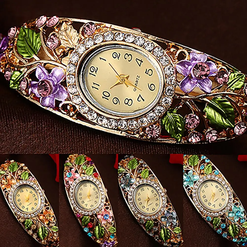 2021 Luxury Quartz Watch Bangle Dress Watch Vintage Faux Crystal Alloy Pretty Floral Pattern Bracelet Watch for Casual