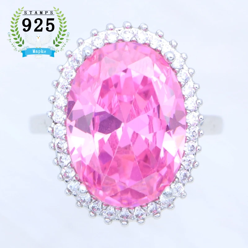 Pink Cubic Zirconia 925 Sterling Silver Bridal Ring Romantic Wedding Jewelry for Women Dazzling Pink Stone Large Size Ring