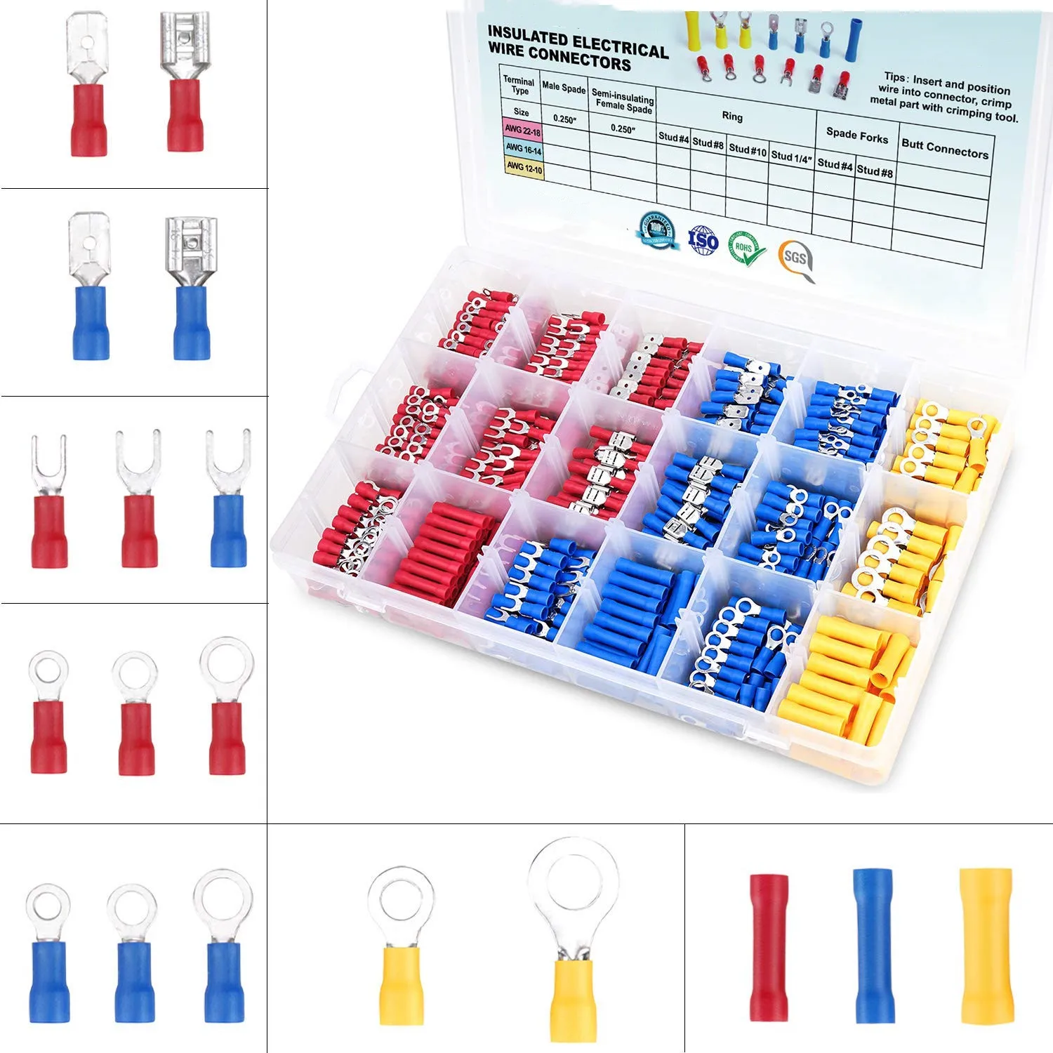 Electrical Insulated Wire Connectors Kit Spade, Ring,Butt,Quick Disconnect,Piggy Back,Bullet Connector Crimp Cable Terminals