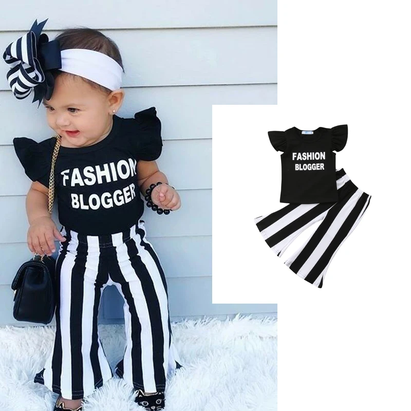 Summer Toddler Baby Girls Clothes Casual Short Petal Sleeve Striped Letter Printed Tops Flare Pants Outfits Children\'s Clothing