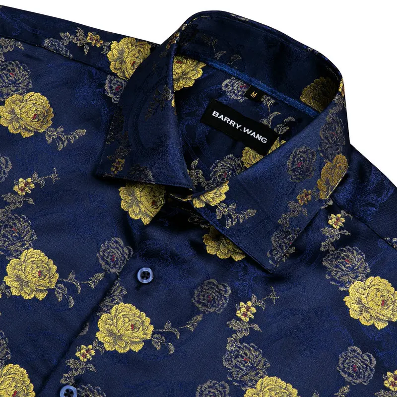 Barry.Wang Fashion Gold Rose Paisley Silk Shirt Men Long Sleeve Casual Flower Shirts For Men Designer Fit Dress Shirt BCY-0052