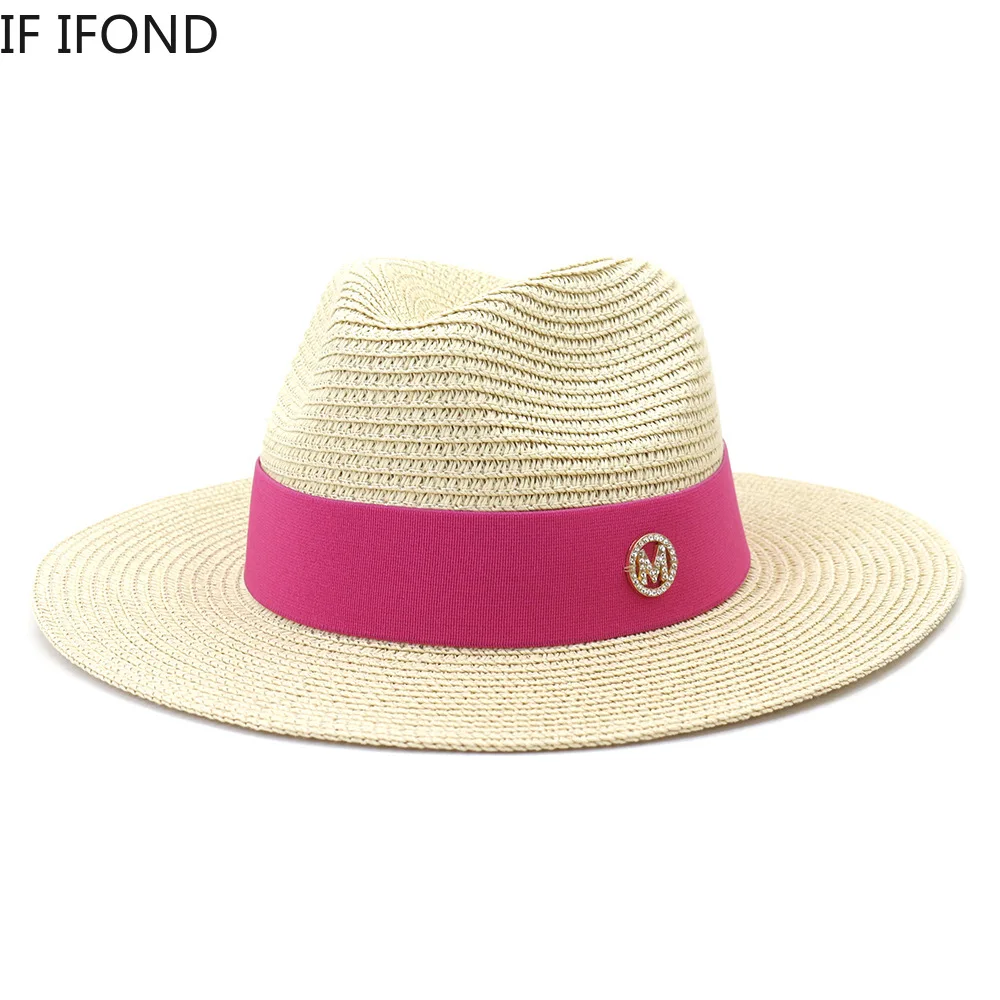 2021 New Luxury Straw Beach Hat For Women Summer Panama Cap Fashion M Letter Ribbon Sun Protection Visor Hats