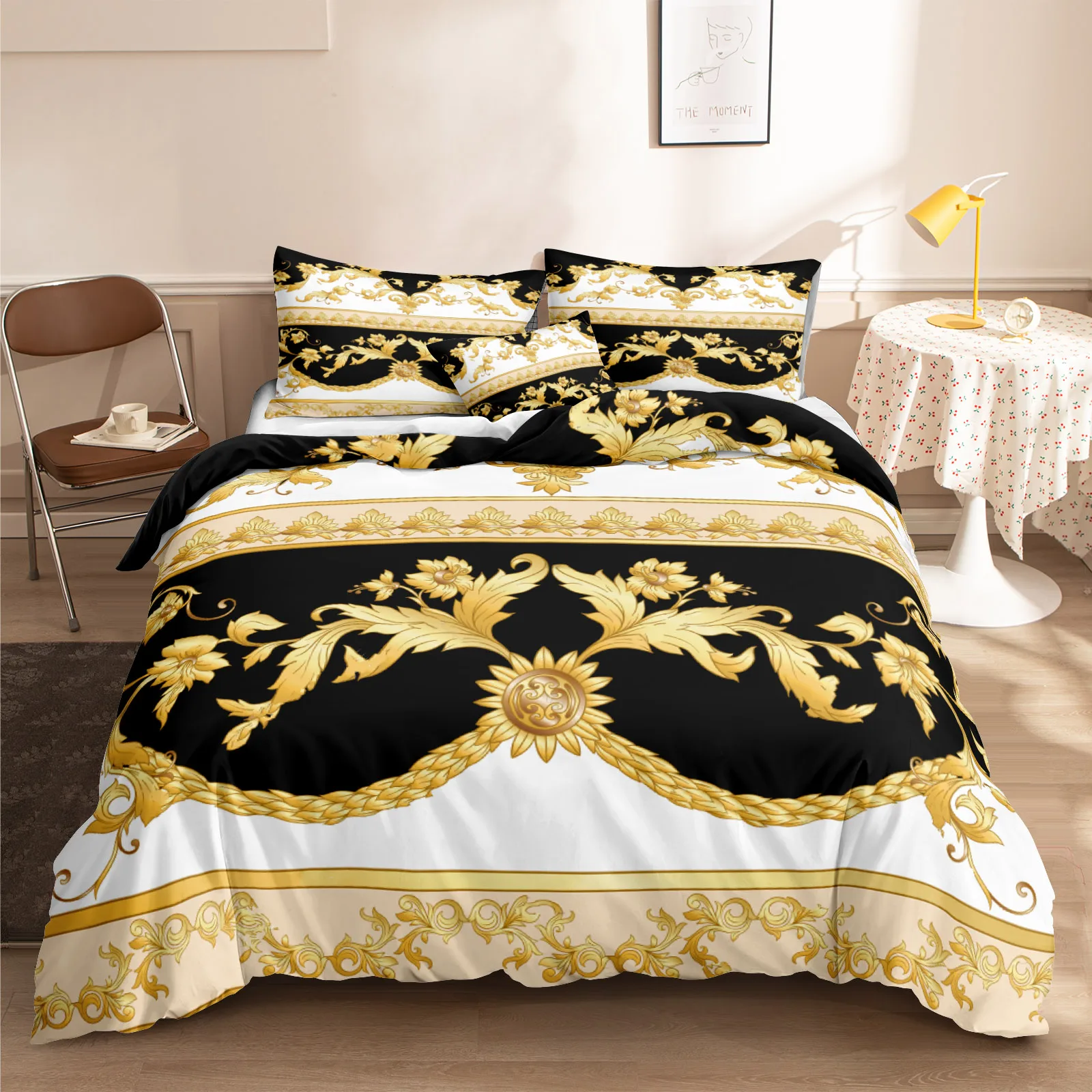 Gold Flowers Bedding Sets Gold Baroque Duvet Cover Set Boho Black Gold Home Textiles Luxury Bed Linen for Dropshipping