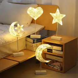 Creative LED Night Light Handmade Heart Star Tree Shape Grass Rattan Woven Battery Power Table Lamp Xmas Party Decor Kids Gifts