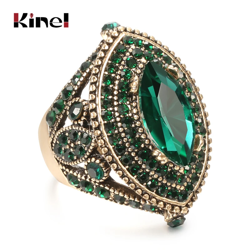 Kinel Luxury Antique Ring For Women Vintage Look AAA Green Crystal Boho Jewelry Gold Color Charm Ethnic Wedding Ring