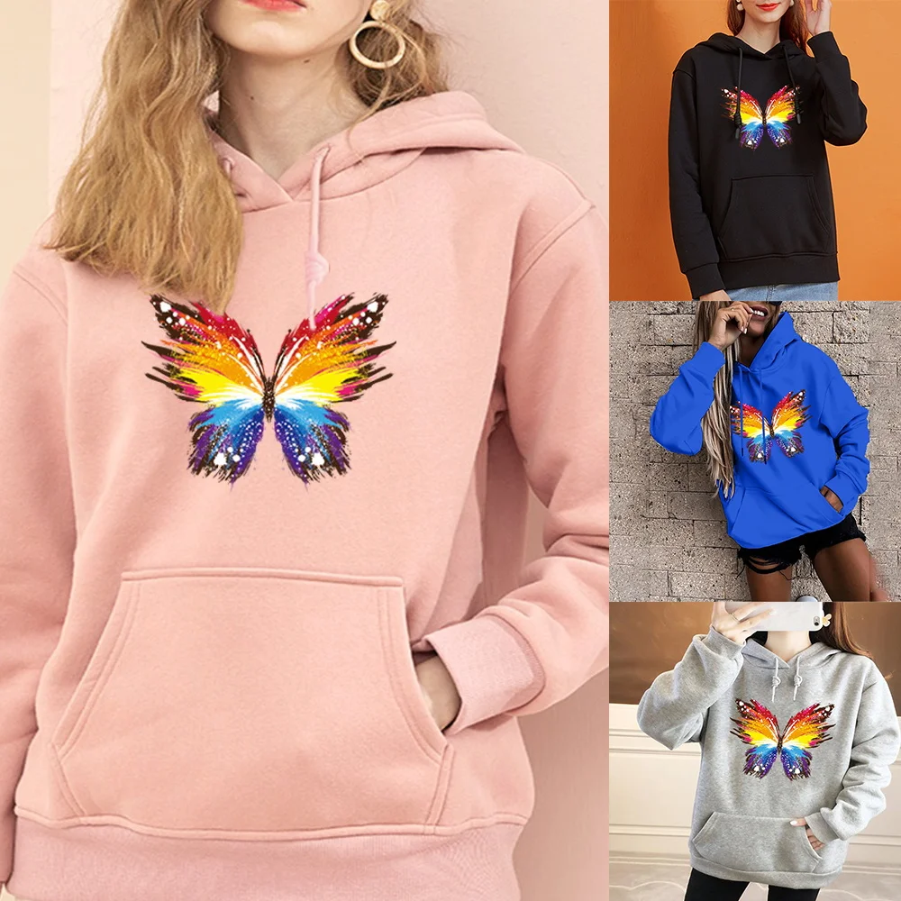 Women's Hoodie Harajuku Oversized Loose Hoodie Fashion Long Sleeve Pullover Butterfly Print Autumn and Winter Sweatshirt Tops