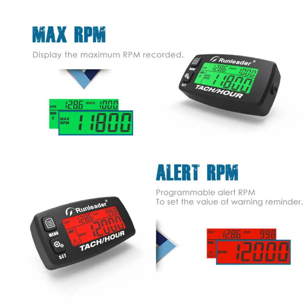 RPM Engine Hour Meter Motorcycle Meter Inductive Gauge Alert Backlit Resettable Tacho Hour Meters for ATV Lawn Mower Jet Ski Pi