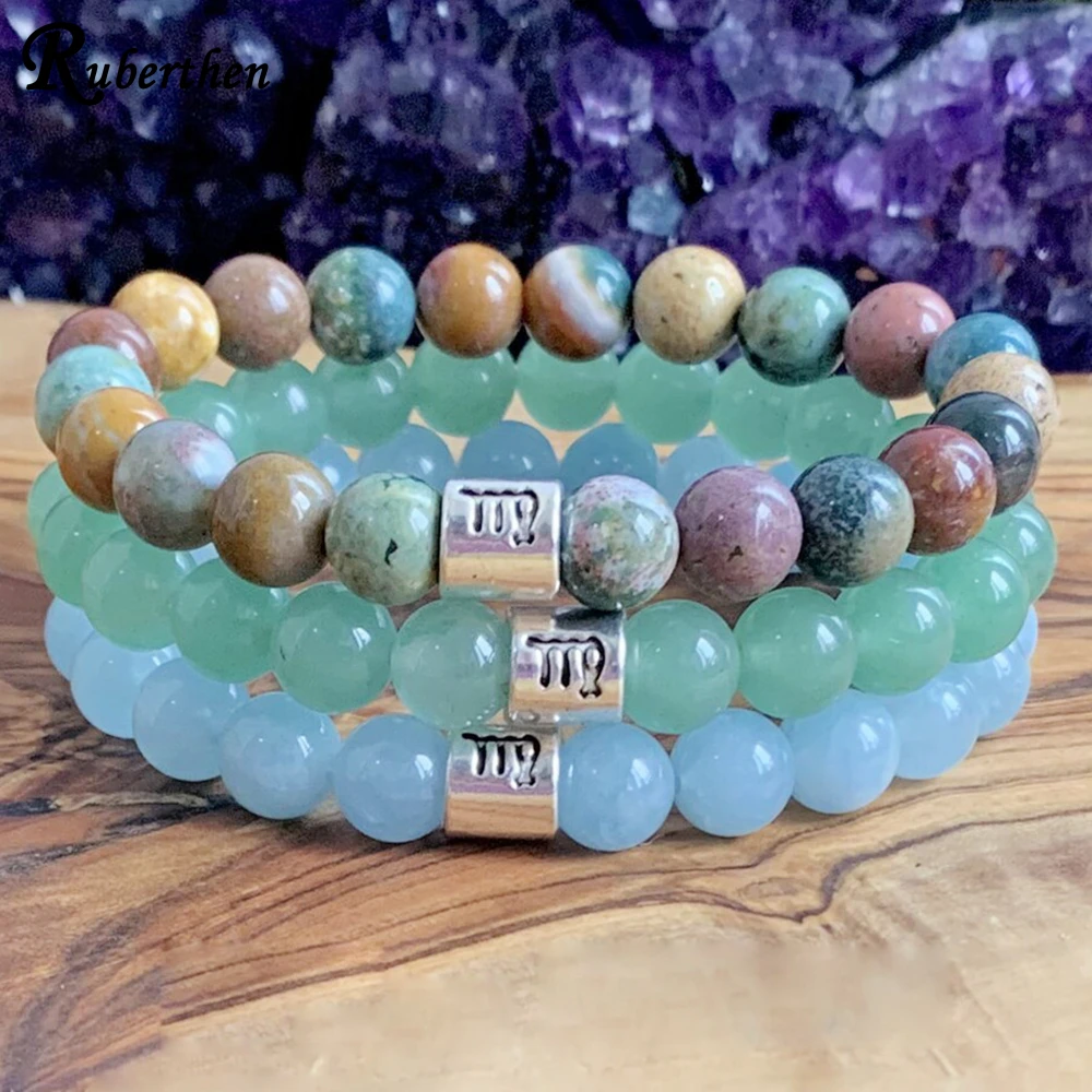 Ruberthen Virgo Zodiac Gemstones Stack Bracelet 8 mm Natural Aqua marine Green Aventurine Bracelet Ocean Jaspers Power Bracelet