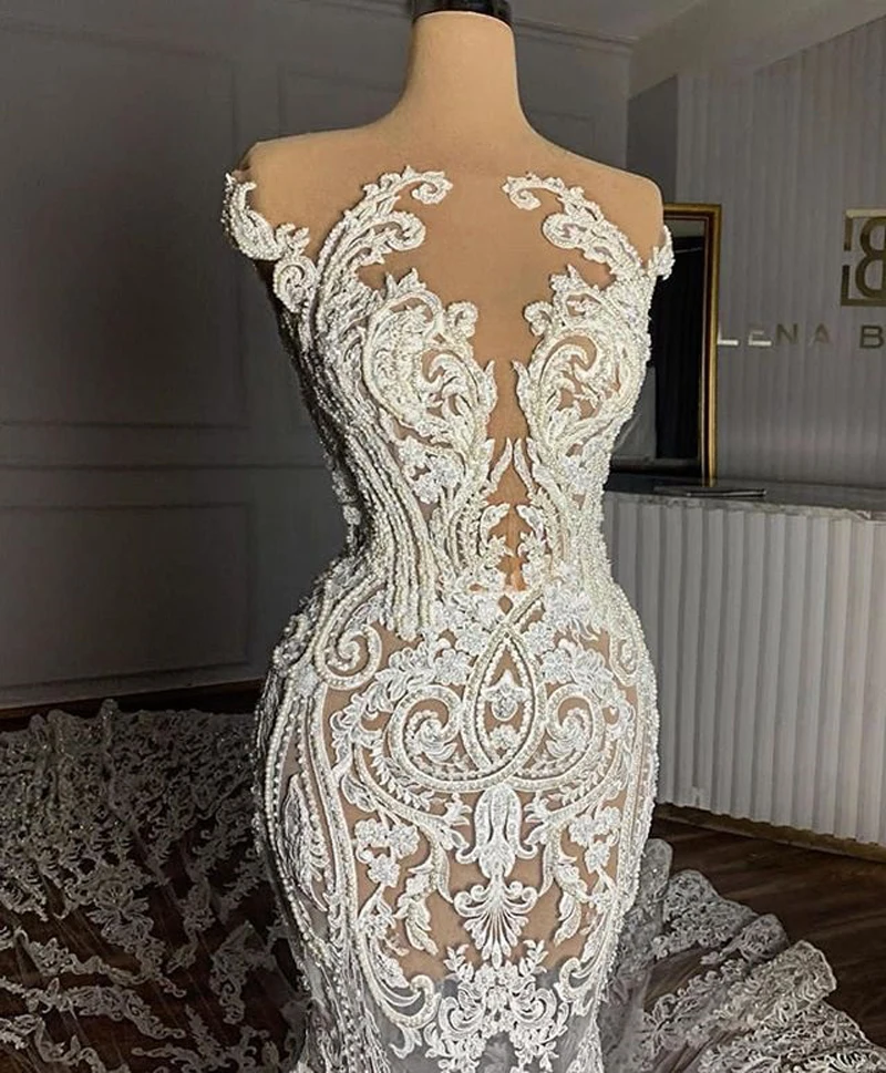 Vintage Full Lace Illusion suknie ślubne dla panny młodej 2020 przezroczysta szyja bez rękawów sąd pociąg Zipper powrót suknia ślubna szyta na zamówienie suknie