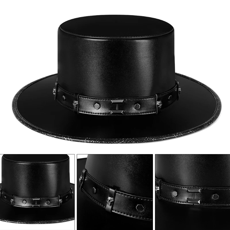 Steampunk Plague Doctor Hat PU Leather Black Flat Top Hat for Halloween Cosplay