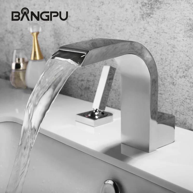 BANGPU Bathroom Basin Faucet Deck Mounted  Double Handle Sink Faucet 3 Hole Faucet Waterfall Bathroom Faucet Chromed