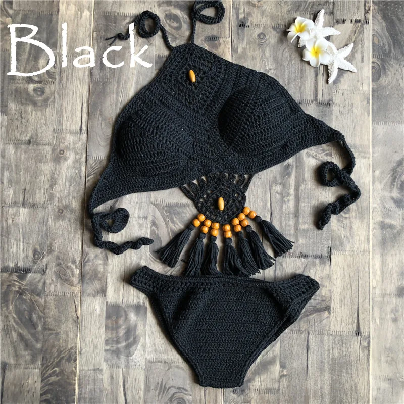 New Summer Crochet Women Solid Bikini Set Sexy Halter Tie Bra Swimsuit Swimwear Triangle Bather Suit Swimming Suit Biquini