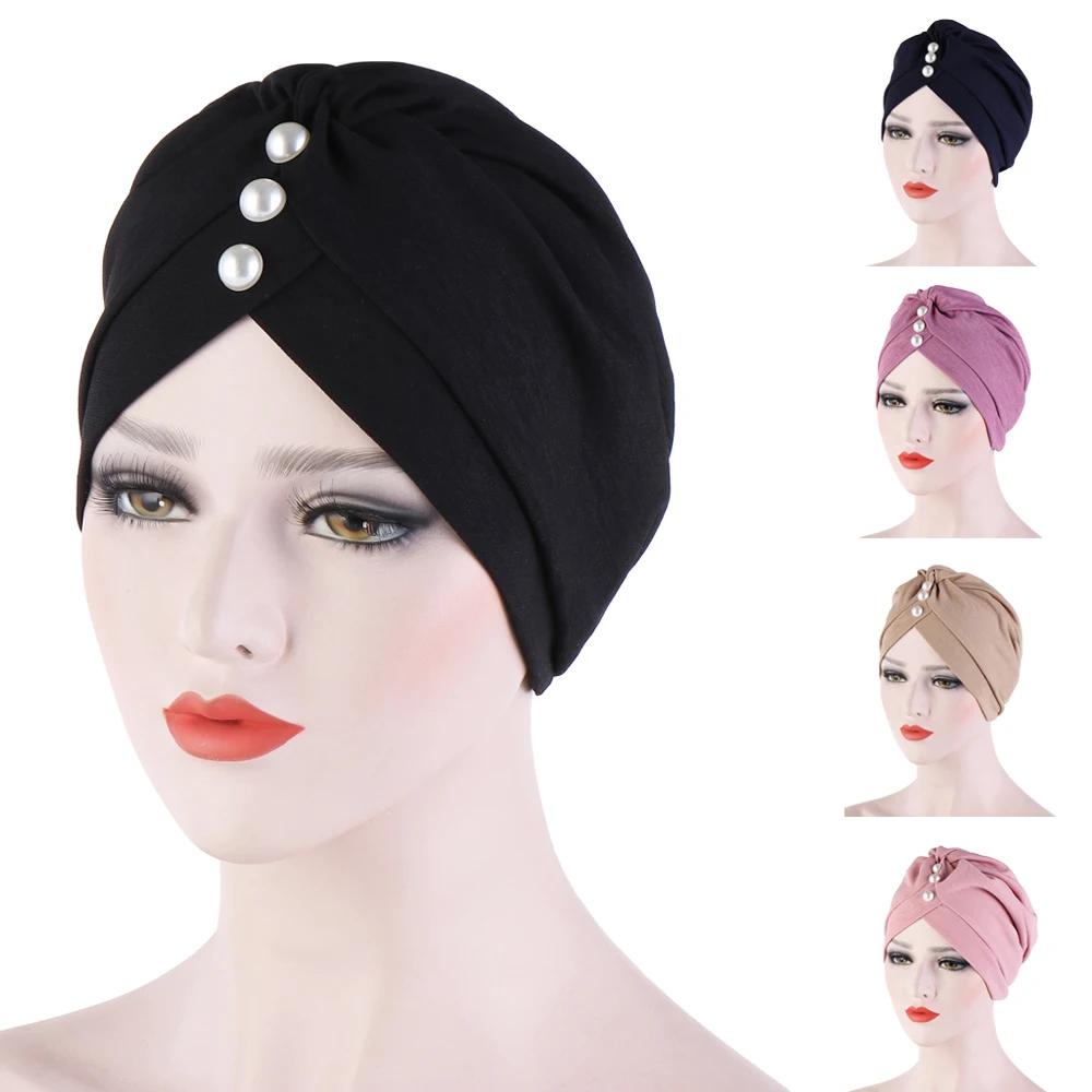 

Indian Women Stretchy Turban Hat Pleated Muslim Head Wrap Cover Cancer Chemo Caps Fashion Arab Beanie Bonnet Beads Headscarf Hat