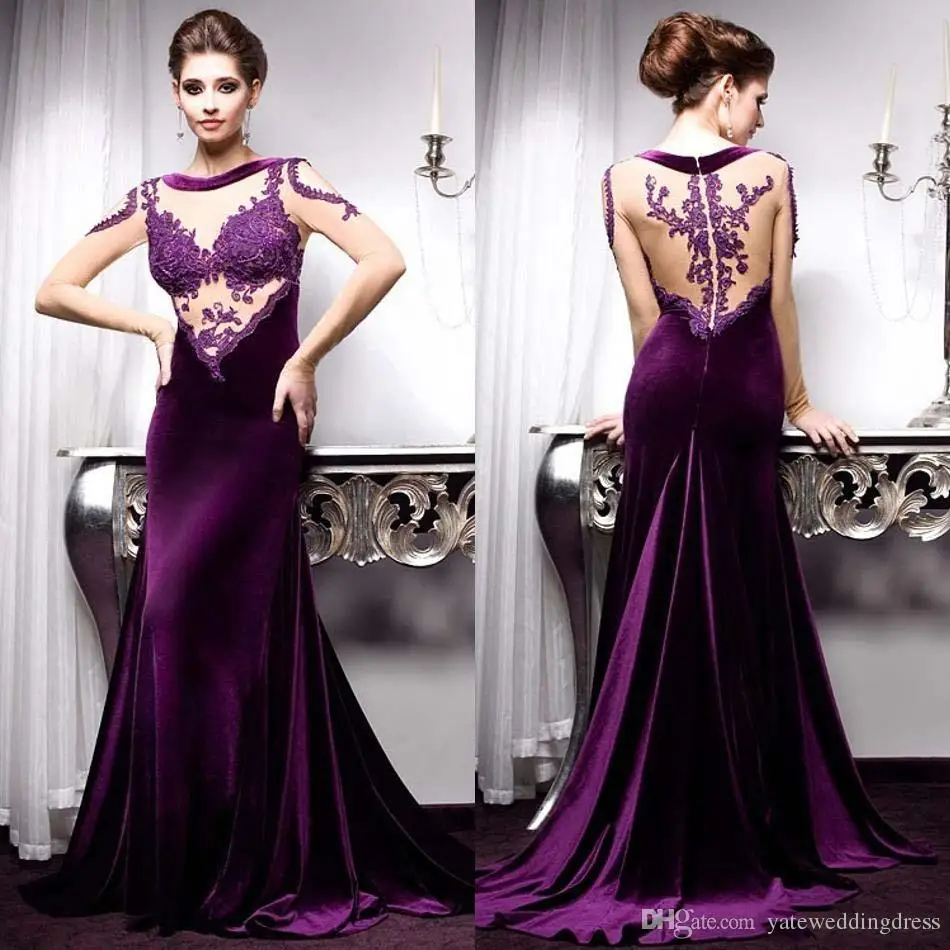 2020กำมะหยี่สีม่วงชุดราตรียาวแขน Applique พรหมชุดซิปด้านหลังกวาดรถไฟ Custom Gowns อย่างเป็นทางการภาพลวงตา