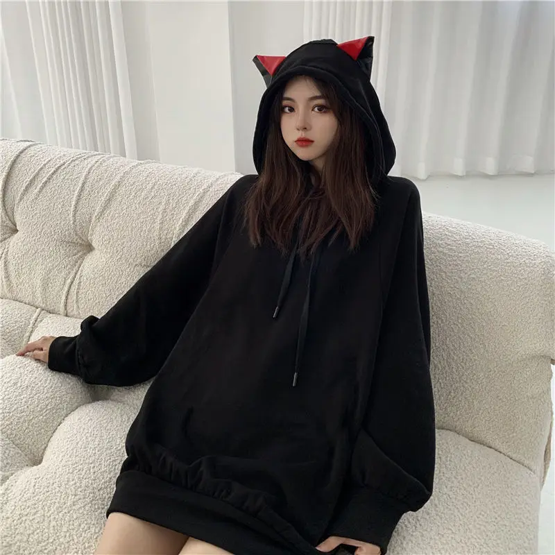 Houzhou orelhas de gato hoodie feminino preto kawaii manga longa outono inverno moletom com capuz gótico streetwear solto roupas casuais