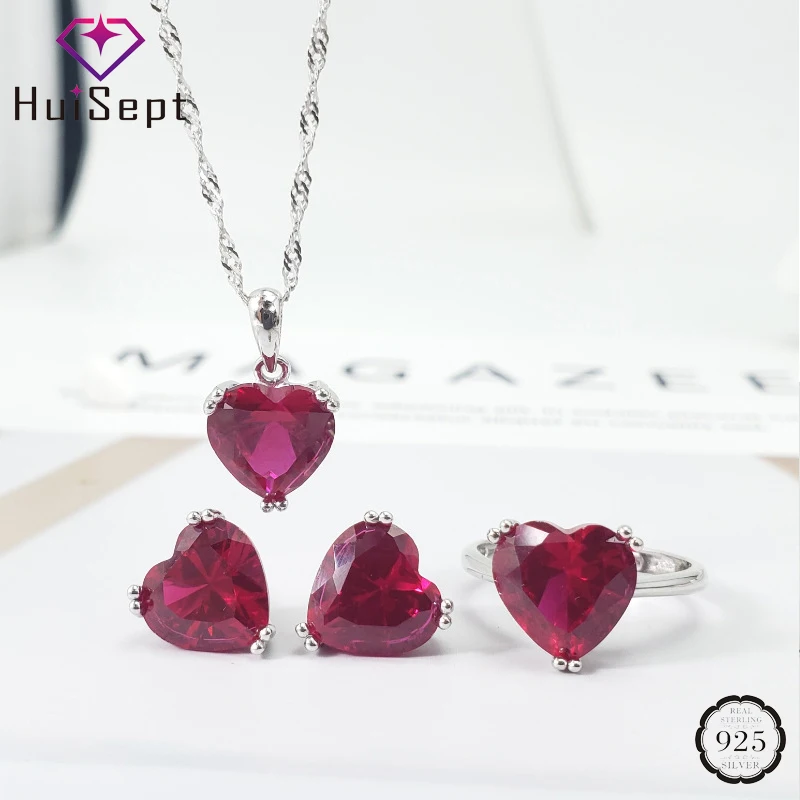 

HuiSept Jewelry Set S925 Sterling Silver Earrings Rings Necklace Accessories with Heart-shaped Topaz Gemstone for Women Wedding