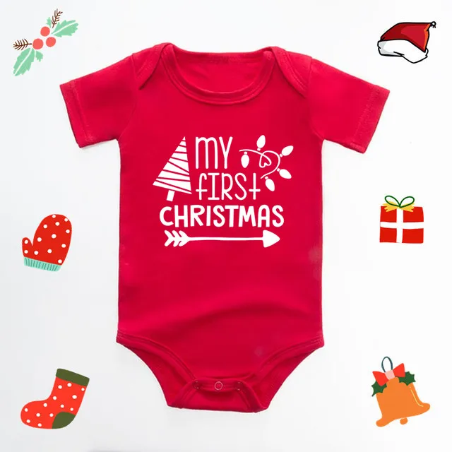 Baby\'s First Christmas Bodysuit Cute New Year Clothes for Boy and Girl Red Cotton Jumpsuit Infant Short Sleeve Playsuit Outfit