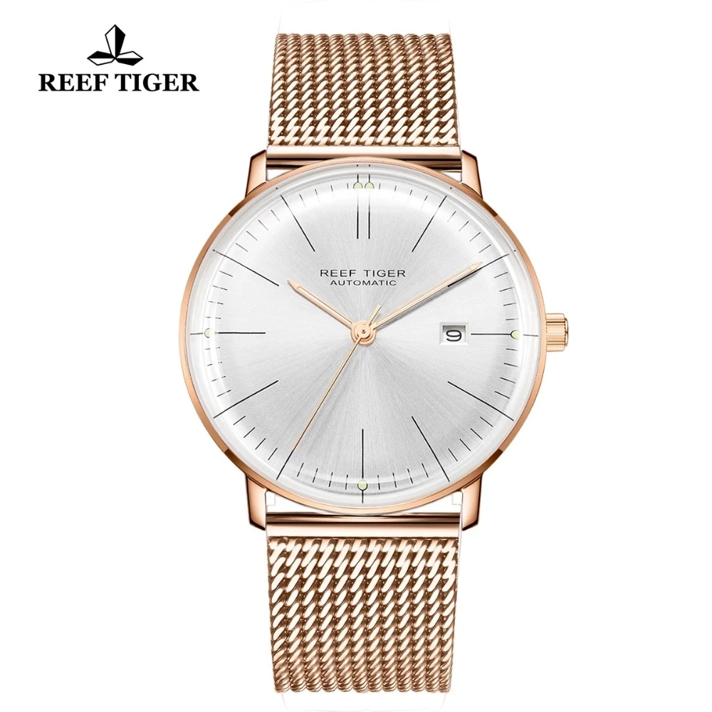 Reef Tiger/RT Top Brand Luxury Watch Mens Rose Gold Ultra Thin Automatic Mechanical Watches Calendar Waterproof Watches