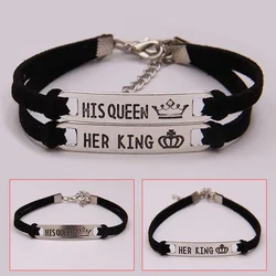 2Pcs Matching Set His Queen Her King Alloy Couple Bracelet Jewelry Gift English Letter Bracelet Adjustable Velvet Rope Bracelet