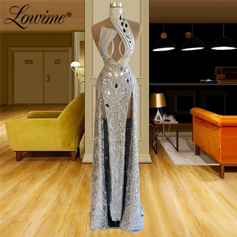 Lowime Silver Evening Dresses Beading Crystals Long Party Gown Arabic Women High Neck Cut-out Design Prom Dresses Vestidos Festa