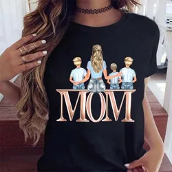 Maycaur Women T Shirt Cartoon Mom with Sons Shirt Fashion Print Casual Woman Tee Ladies Female T-shirt Short Sleeve T Top Shirt