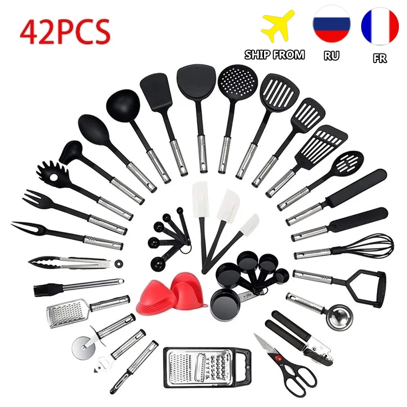 ATUCOHO Cooking Utensils Complete Tools  Spoon Utensils Cookware Stainless Steel Nylon Non-Stick Spatula Set Kitchen Supplies