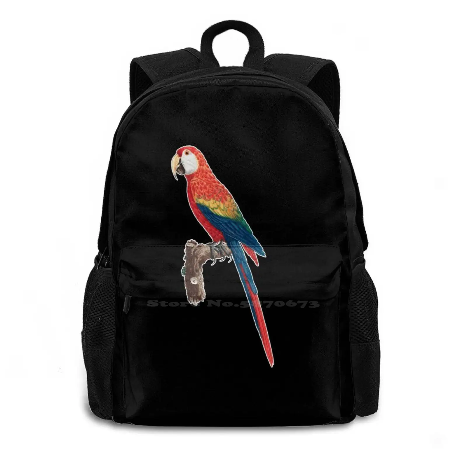 Parrot On A Perch School Bag Big Capacity Backpack Laptop Perch Red Small Colorful Vintage Hand Drawn Painted Nature Wings