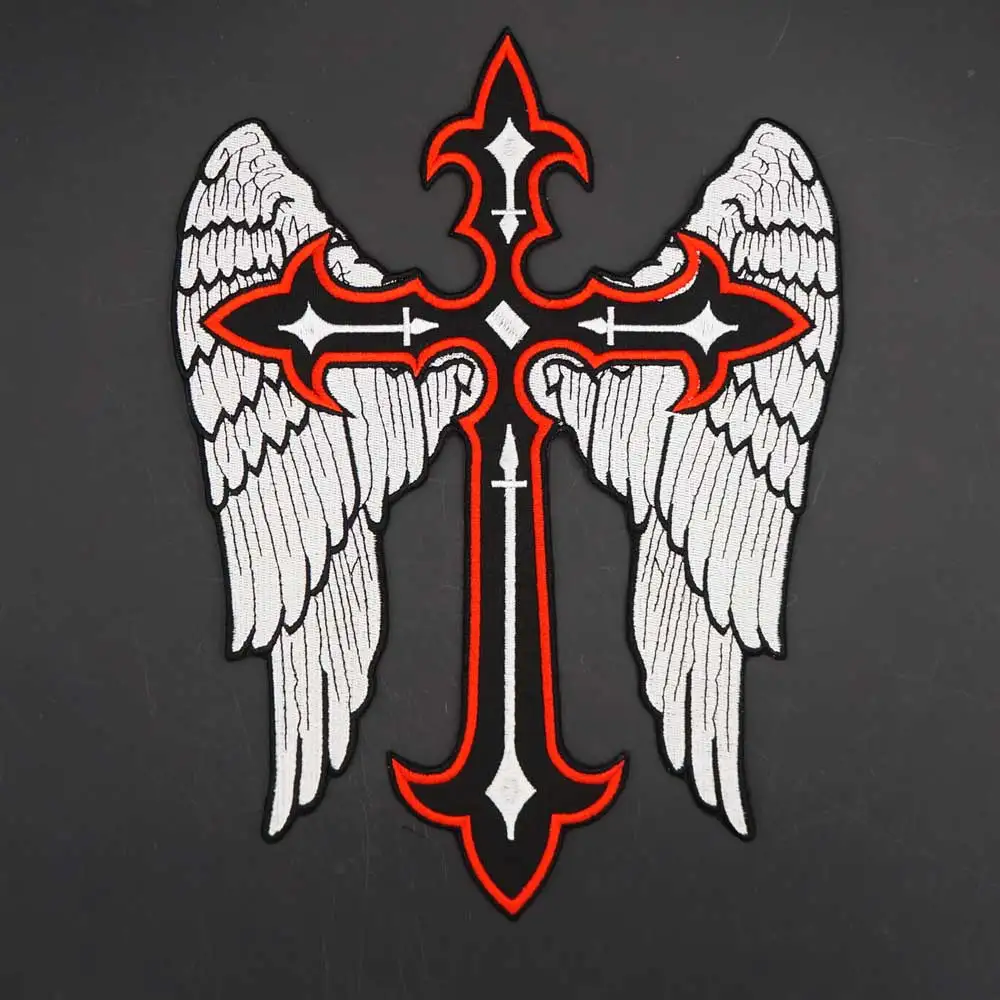 Cross Wings Christian Embroidered Patch Biker Rider Patches for Clothing Jacket Iron on Backing