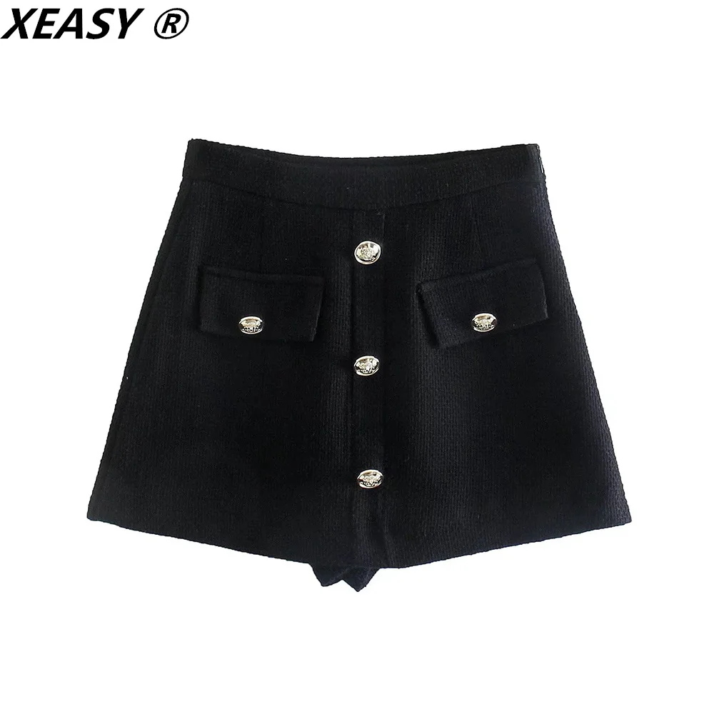 XEASY – ensemble veste en Tweed pour femme, ensemble deux pièces, jupe, mode femme, noir, simple boutonnage, taille haute, automne 2021