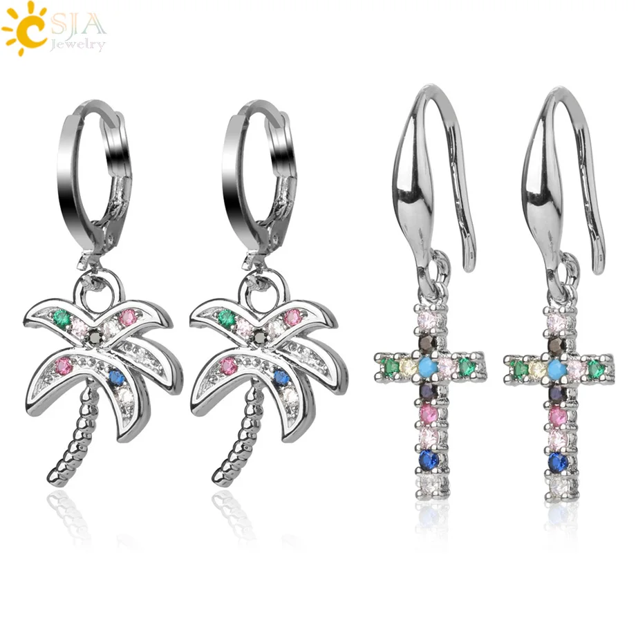 CSJA Gold Silver Color Plated Heart Hoop Earrings for Mother Metal CZ Crystal Coconut Tree Pendant Cross Hanging Earring S657