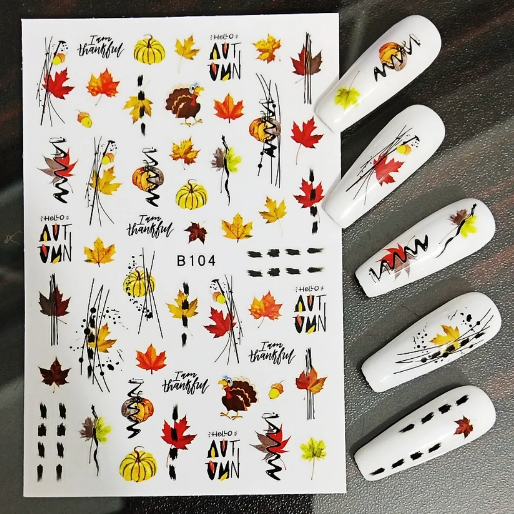 1Pcs Thanksgiving Day Nail Art Sticker Turkey Pumpkin Maple Leaf Design Autumn 3D Decals Self-Adhesive Nail Foil Accesoires