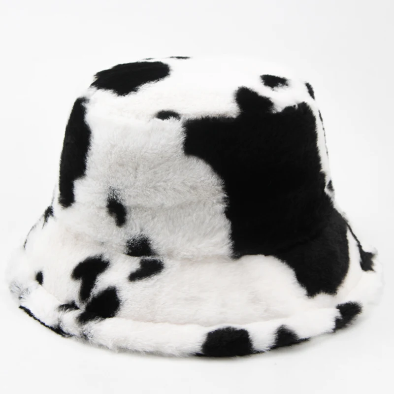 CNTANG New 2022 Women Bucket Hat Autumn And Winter Warm Cow Print Plush Fashion Panama Casual Hats For Ladies Fisherman Caps