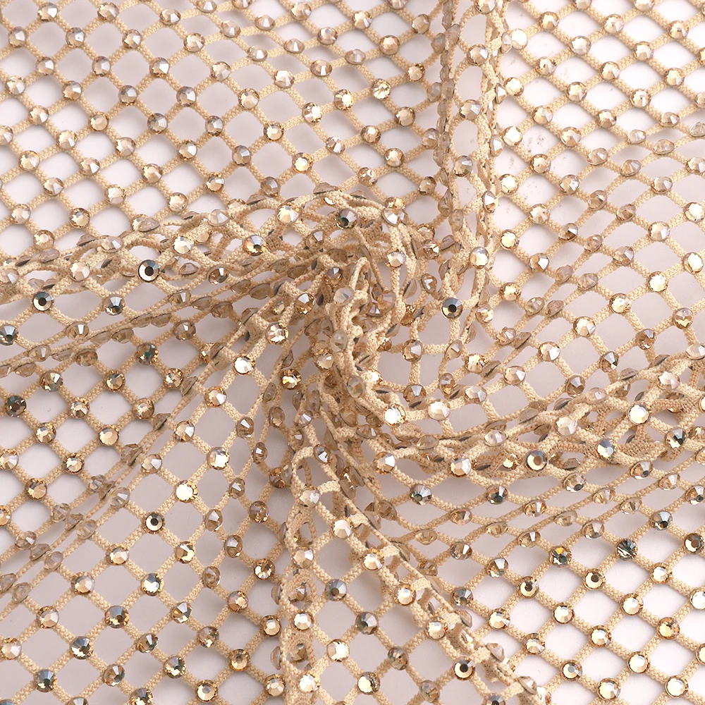 Golden Shadow Glass Rhinestones Mesh Applique Fabric Sewing Elastic Crystal Trim Hollow Tape Net for DIY Dress Garment Clothing