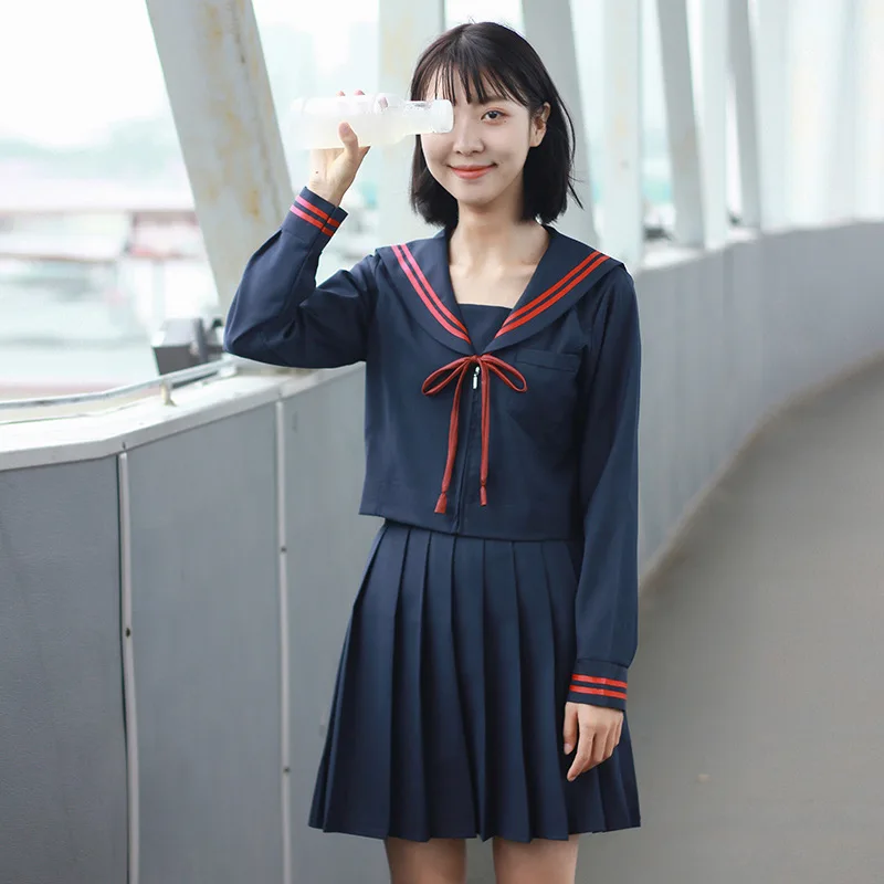 Navy blau JK Uniform Sommer Kurze/lange Hülse Japanischen Schule Uniformen Mädchen Sailor Sätze Plissiert Rock JK Uniform COS kostüm