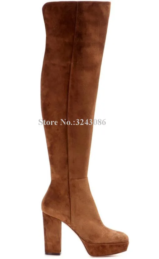 New Brown Chunky Heel Platform Long Boots Woman Suede Thick Heel Over-the-knee Boots Lady Large Size Banquet Shoes Dropship