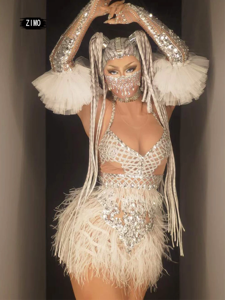 new arrival sequin dress feather sexy Women Birthday party club Celebrate See Through Stage Dance DJ festival outfit drag queen