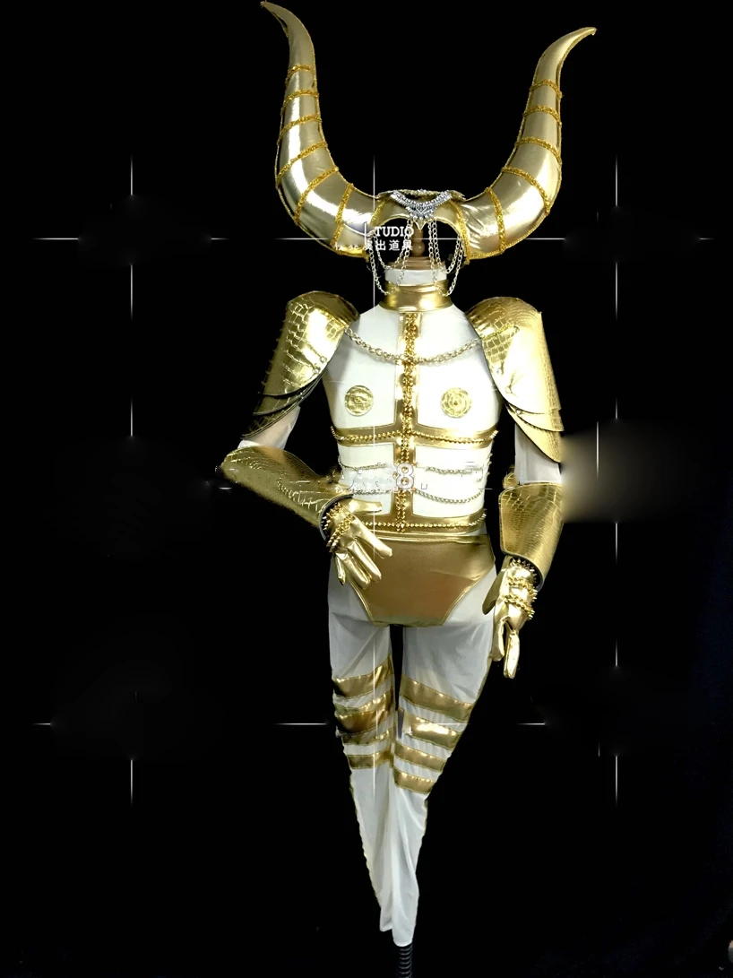 future show stage dance clothes women party gogo golden armor costume men horn armor pink technology bodysuit