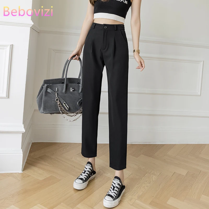 

Bebovizi Women Suit Pants Spring Office Lady Long Trousers 2021 New Autumn Solid Black High Waist Pant Vestodo Female Pants