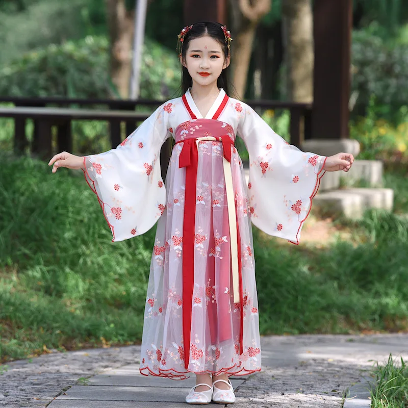 Children's Costume Hanfu Dress Fairy 12 Years Old Chinese Style Thin Little Girl Embroidery Hanfu Breathable Cute Tang SuitLB334