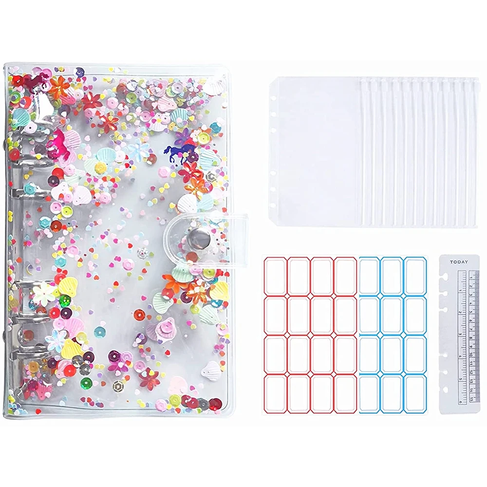 15 Pieces A6 Budget Binder Glitter Cover Cash Envelopes with 12Pcs 6 Hole Clear PVC Loose Leaf Bags ,Sticker Labels, A Ruler