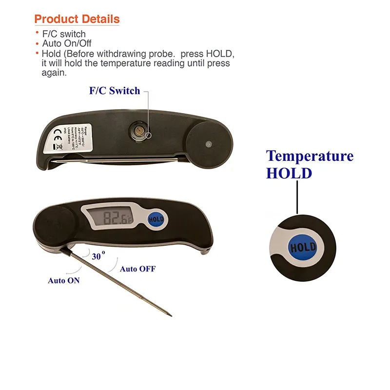 Łatwy w użyciu prosty cyfrowy natychmiastowy odczyt składany termometr probowy jedzenie kawa mleko kurczak mięso zimny napój grill termometr