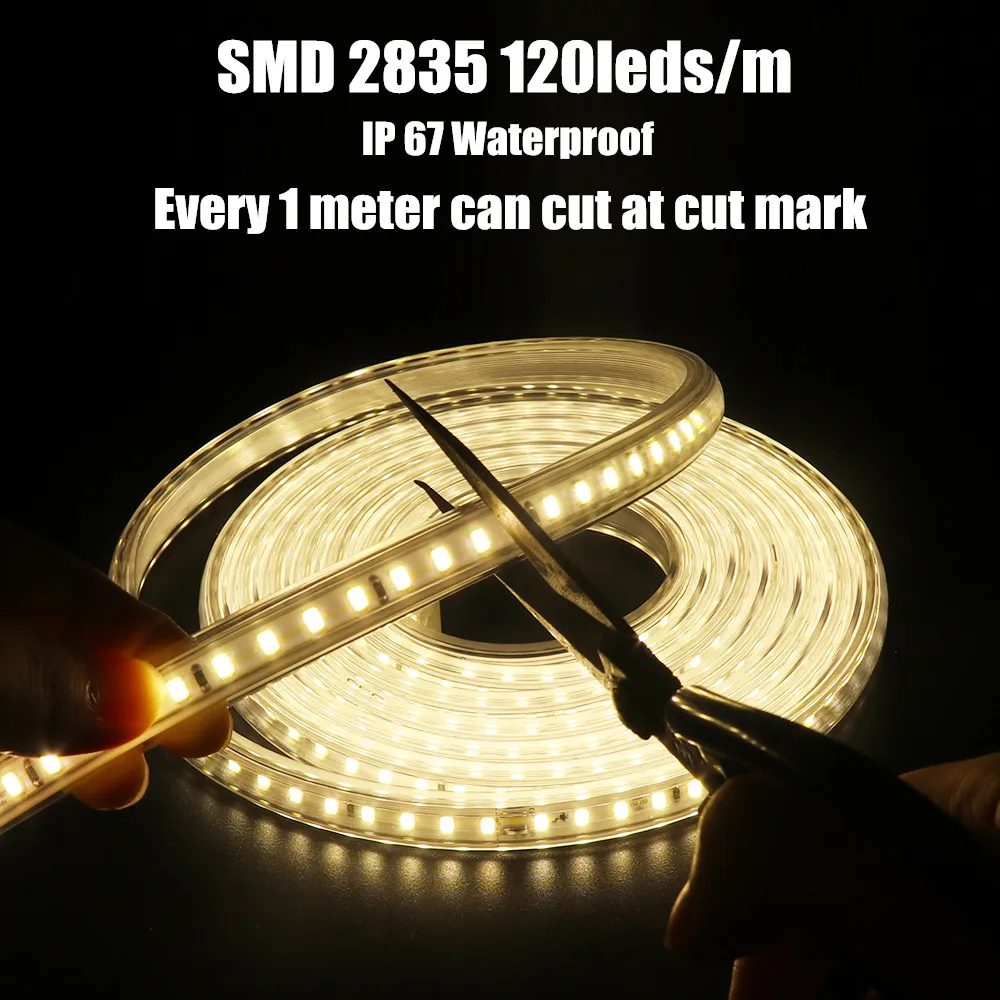 

220V LED Strip Waterproof IP67 120LEDs/m Outdoor Ribbon Rope White/Warm White 2835 LED Light Strip +EU Switch plug