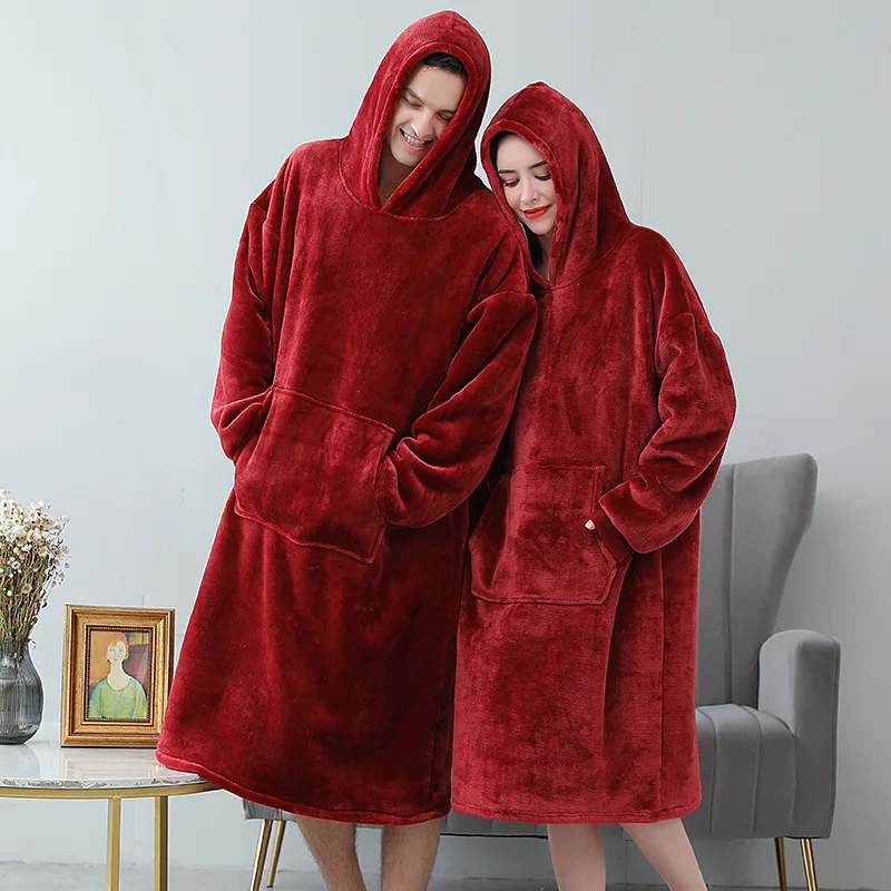 Flannel Nightwear Men&Women Robe Kimono Bathrobe Gown Hooded Sleepwear Winter New Home Dressing Gown Coral Fleece Lingerie