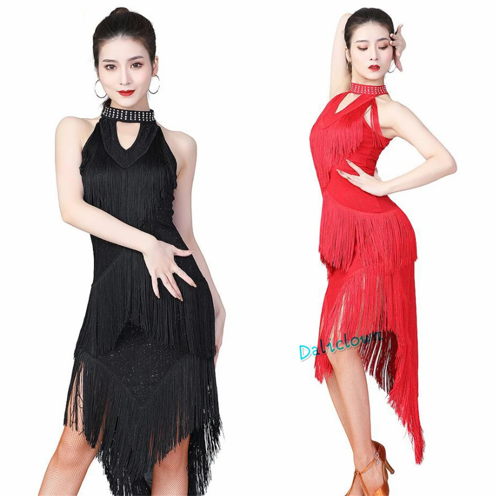 Latin Dance Dress Women Sexy Sequin Fringe Ballroom Dancing Tango Skirt Tassel Competition Salsa Costume Cocktail Dresses