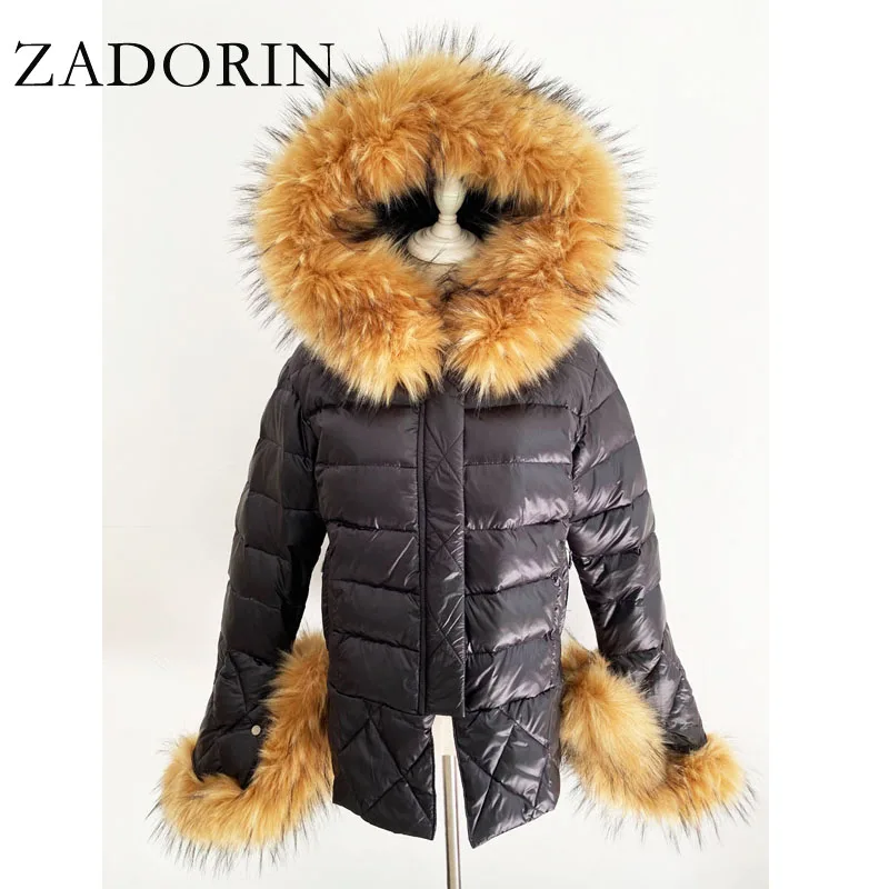 ZADORIN 2024 Trend White Duck Down Patchwork Faux Fur Jacket Women Winter Warm Big FAUX Raccoon Fur Hood Women Faux Fur Coat