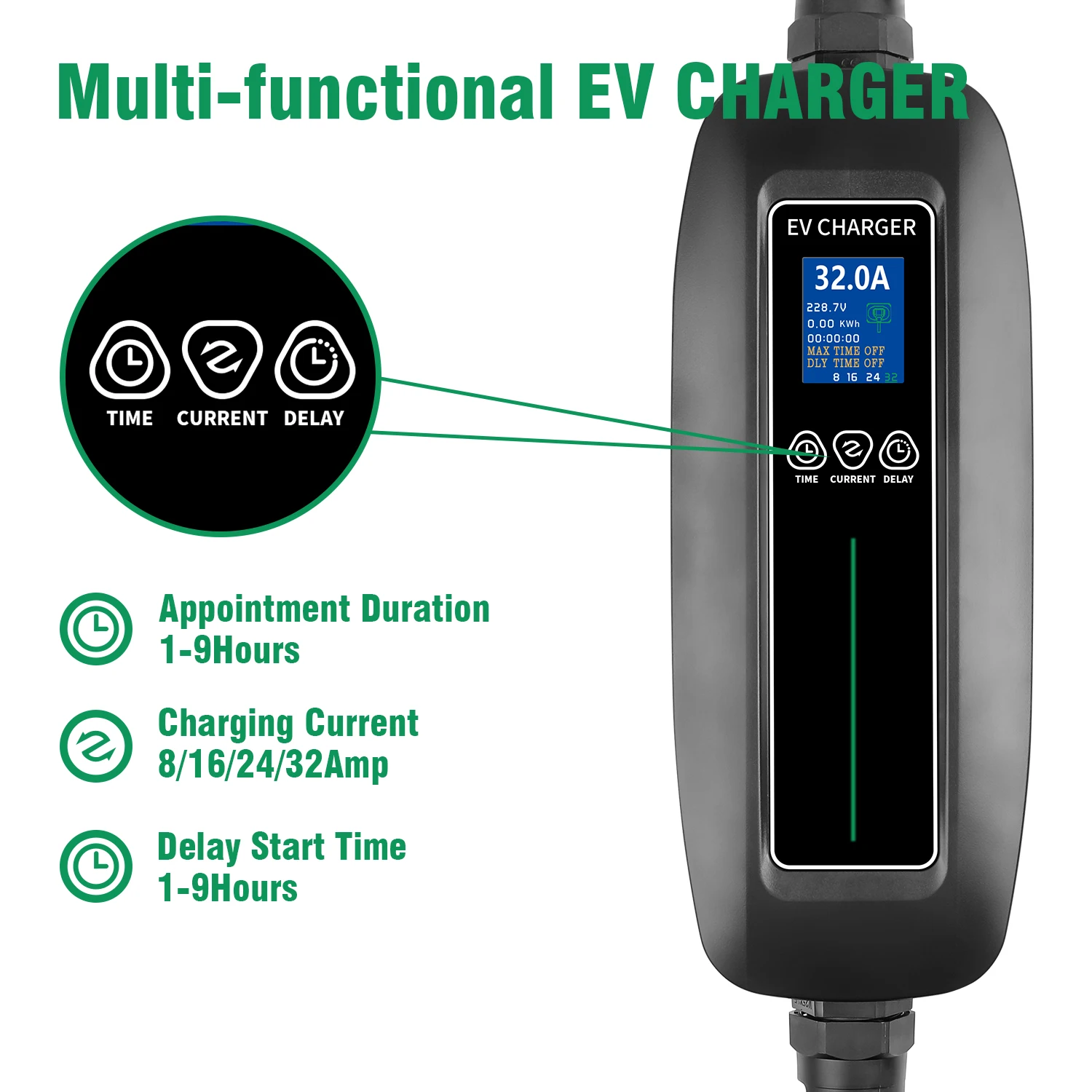 32A 7KW Portable EV Charger Type2 CEE Plug Electric Vehicle Car Charger Charging Case 1 Phase Fast Charging EVSE Cable 7.6M