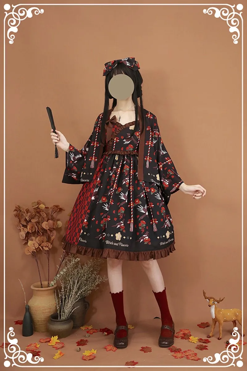 

Japanese sweet lolita dress vintage falbala bowknot printing patchwork high waist victorian dress kawaii girl gothic lolita jsk